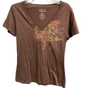 Wrangler Size Large Brown V-Neck Tee Y2K Style Western As Real As Cowgirl